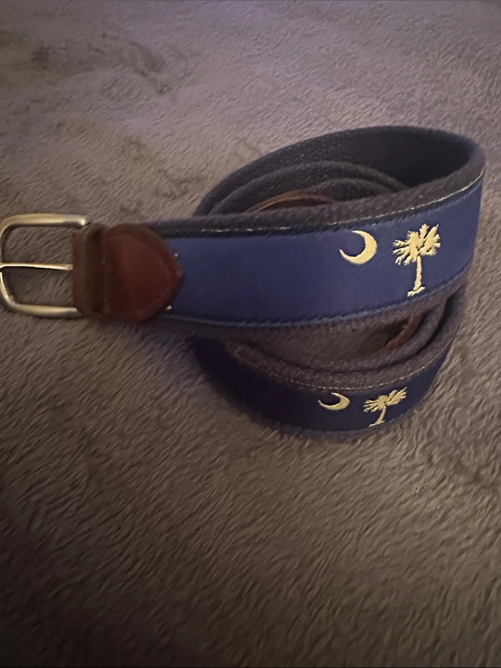 The Belted Cow Co. Men's Embroidered Navy Canvas Belt with Crescent & Palm Tree